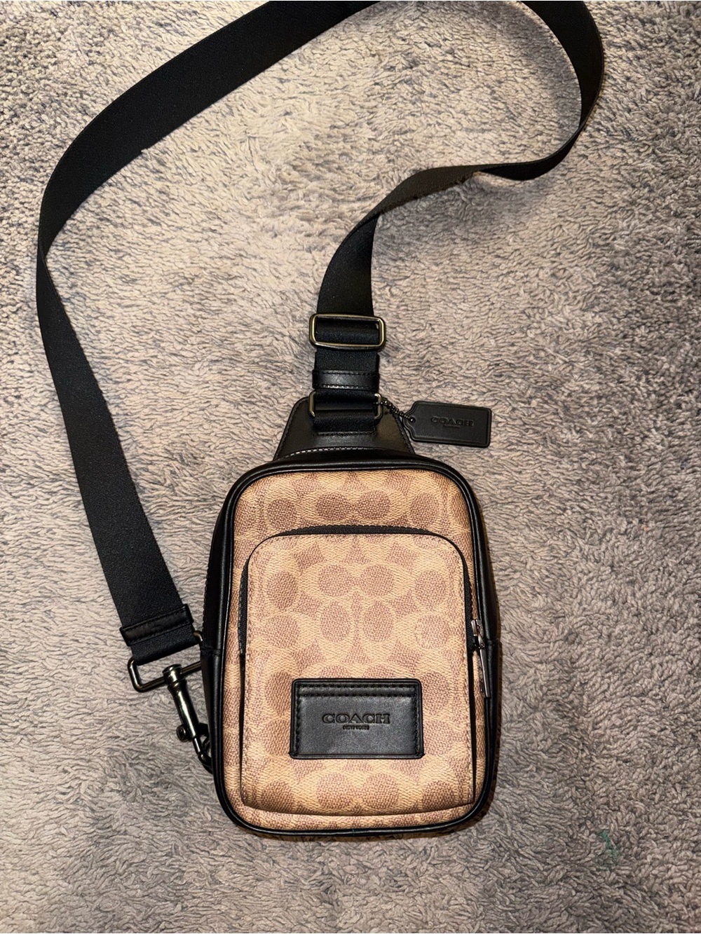Coach Signature Canvas Belt Bag in Tan with Black Trim